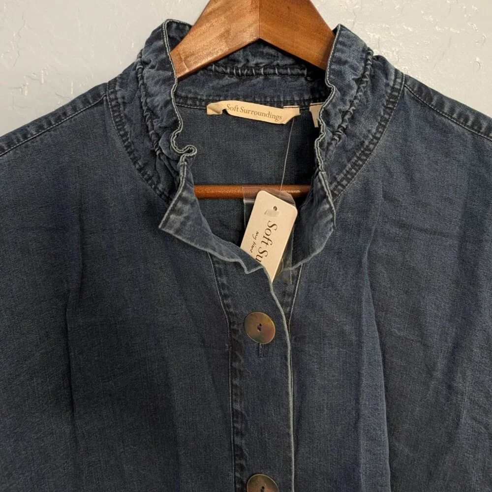 Soft Surroundings Women 2X Tencel Denim Button-Up Shirt Ruffle Collar Split Cuff - Picture 2 of 14